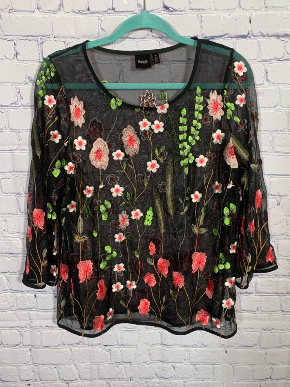 Rafaella Womens Floral & Black Sheer Embroidered Top M Whimsigoth Fairy Grunge